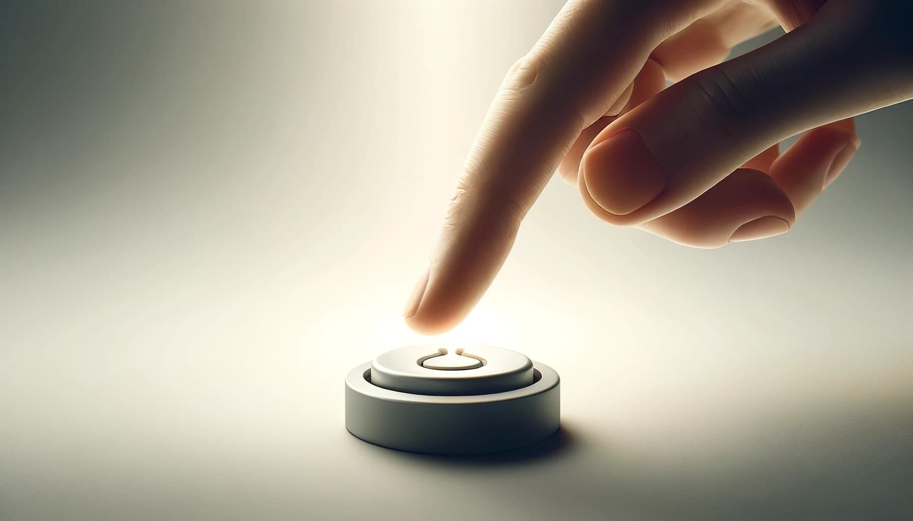 A finger is about to push a physical white, solid button on a white surface